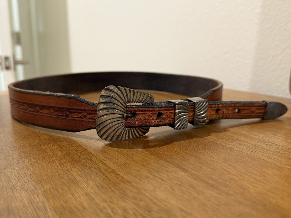 Vintage ELK Vogt sterling Silver 4 Piece Ranger Belt Buckle Hand Tooled Leather
